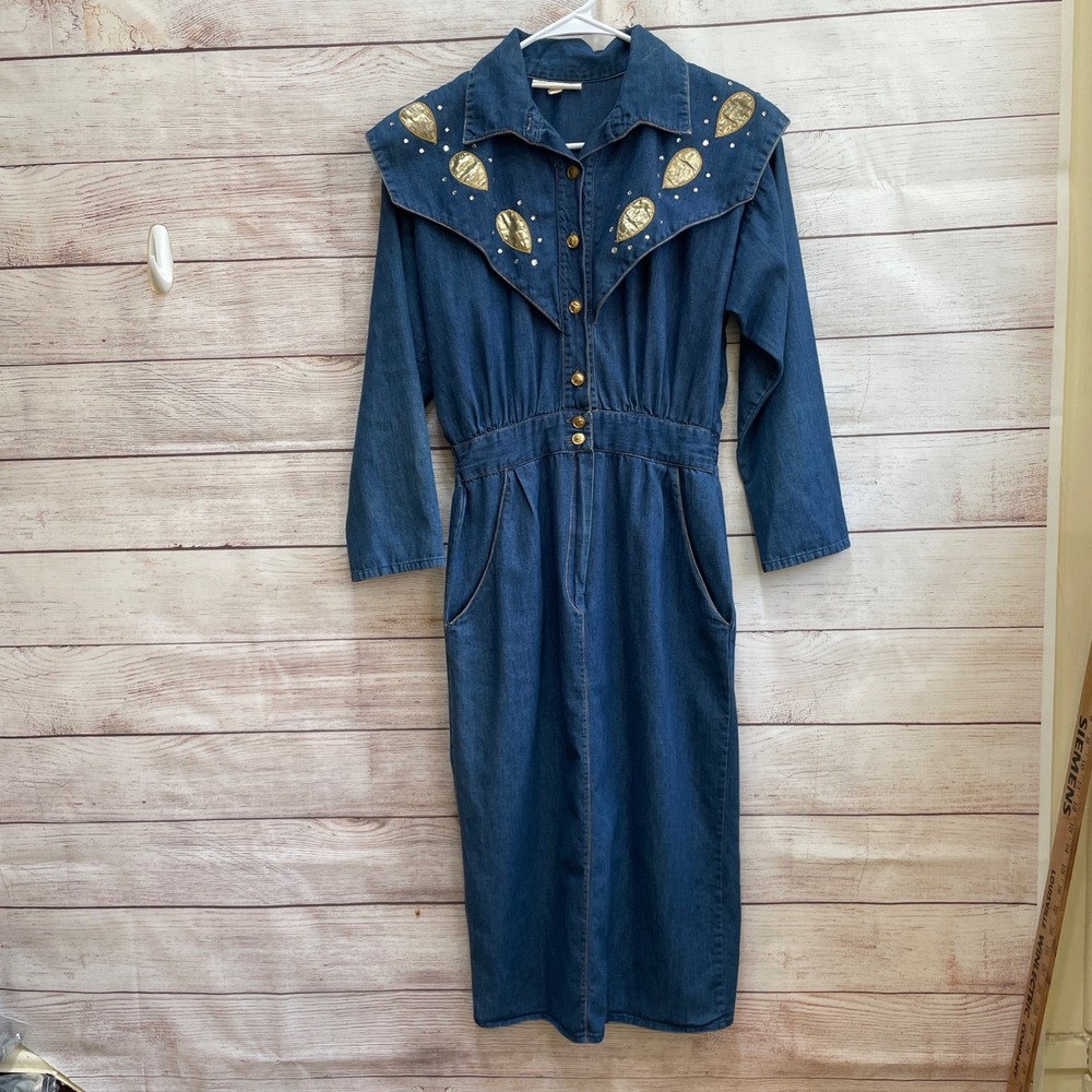 VINTAGE ANN SCOTT APPLIQUED AND EMBELLISHED DENIM MIDI DRESS